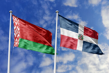 3d illustration. Belarus and Dominican Republic Flag waving in sky. High detailed waving flag. 3D render. Waving in sky. Flags fluttered in the cloudy sky.