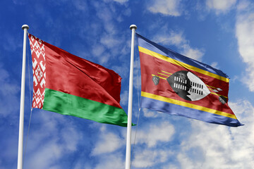 3d illustration. Belarus and Eswatini Flag waving in sky. High detailed waving flag. 3D render. Waving in sky. Flags fluttered in the cloudy sky.