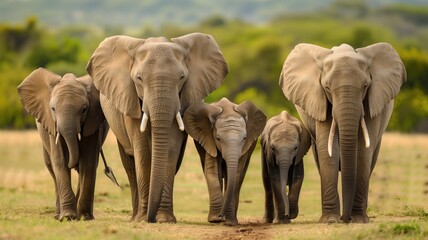 A family of elephants, including a baby elephant, walking together in a field.