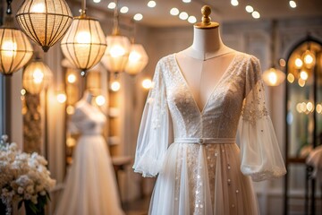 Obraz premium Rental and purchase of wedding dresses for events. Close-up. Elegant white wedding dress on a mannequin in a luxury bridal salon store.