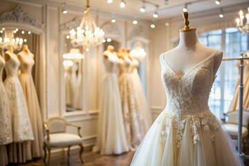 Rental and purchase of wedding dresses for events. Close-up. Elegant white wedding dress on a mannequin in a luxury bridal salon store.