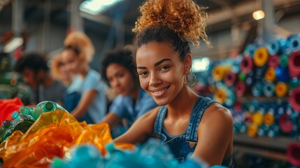 Obraz premium eco-fashion innovation, diverse professionals upcycle plastic bottles into trendy clothes in a color-filled facility with vibrant fabrics