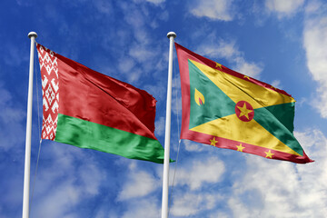 3d illustration. Belarus and Grenada Flag waving in sky. High detailed waving flag. 3D render. Waving in sky. Flags fluttered in the cloudy sky.