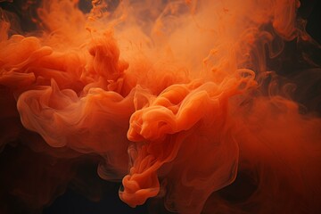 Vibrant orange ink cloud swirling in water with a dramatic dark backdrop