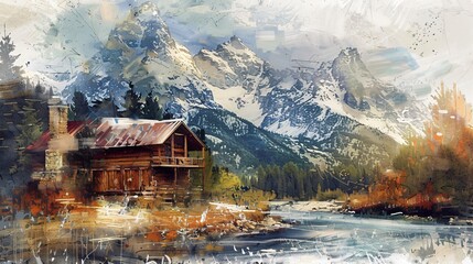 A watercolor painting of a snowy mountain landscape