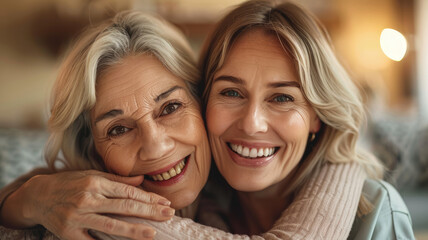 Obraz premium Happy blonde elderly mom and young daughter woman posing at home, looking at camera with toothy smiles, laughing, hugging, enjoying warm family relationship, bonding. Head shot portrait.