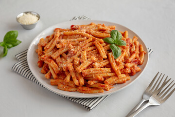 Homemade Italian Casarecce Pasta with Creamy Tomato Sauce, side view.