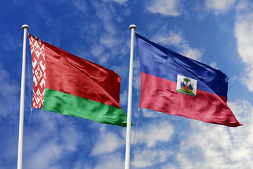 3d illustration. Belarus and Haiti Flag waving in sky. High detailed waving flag. 3D render. Waving in sky. Flags fluttered in the cloudy sky.