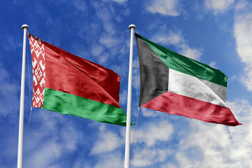 3d illustration. Belarus and Kuwait Flag waving in sky. High detailed waving flag. 3D render. Waving in sky. Flags fluttered in the cloudy sky.