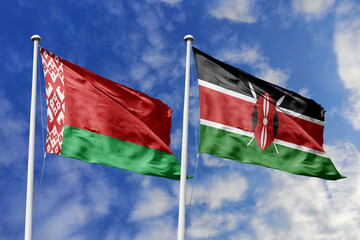 3d illustration. Belarus and Kenya Flag waving in sky. High detailed waving flag. 3D render. Waving in sky. Flags fluttered in the cloudy sky.