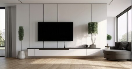 Interior home of living room with LED TV on cabinet on white wall