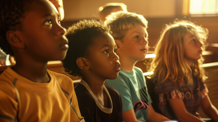 Group of attentive children engrossed in an educational activity, bathed in soft sunlight. - Powered by Adobe