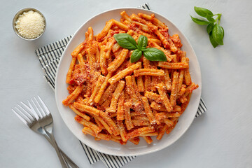 Homemade Italian Casarecce Pasta with Creamy Tomato Sauce, top view. Flat lay, overhead, from above.
