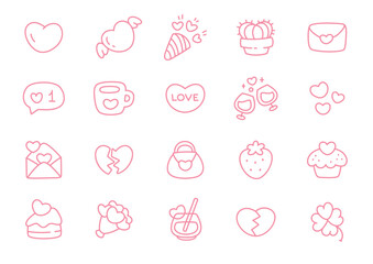 Kawaii St. Valentine day icon set. Collection of cute doodle stickers (hearts, strawberry, cupcake, cocktail, flower etc.) isolated on a white background. Vector 10 EPS.