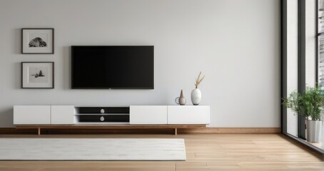 Interior home of living room with LED TV on cabinet on white wall