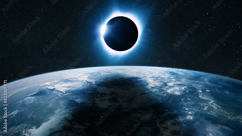 Poster Amazing eclipse from space. Planet Earth with the Moon and a solar eclipse. Solar Eclipse. The moon moving in front of the sun. Creative