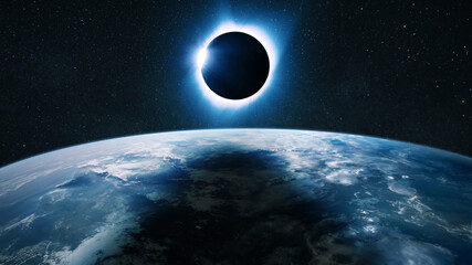 Naklejka premium Amazing eclipse from space. Planet Earth with the Moon and a solar eclipse. Solar Eclipse. The moon moving in front of the sun. Creative