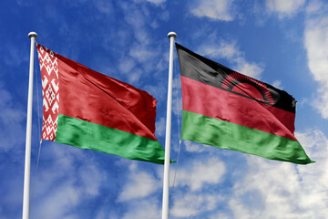 3d illustration. Belarus and Malawi Flag waving in sky. High detailed waving flag. 3D render. Waving in sky. Flags fluttered in the cloudy sky.