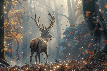 Majestic stag in a magical forest surrounded by falling leaves during autumn, illuminated by enchanting, soft sunlight.