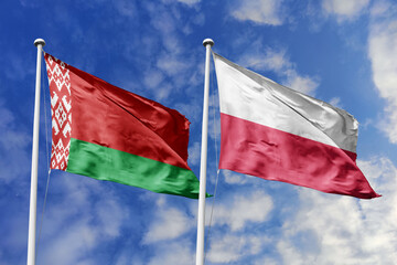 3d illustration. Belarus and Poland  Flag waving in sky. High detailed waving flag. 3D render. Waving in sky. Flags fluttered in the cloudy sky.