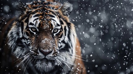 Tiger, cold winter in taiga, Russia. Snow flakes with wild Amur cat. Generative Ai