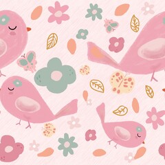 seamless pattern of pink bird and flower, good for card, wallpaper, fabric print.
