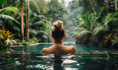 Fototapeta premium Woman in a tropical jungle swimming pool, 