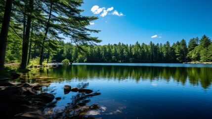 Pristine lake mirrors forest surroundings.