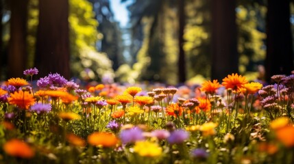 Obraz premium Bright wildflowers spread in sunny forest.