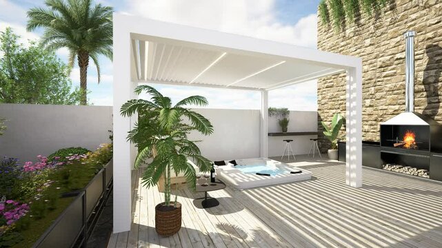 3D illustration of modern urban patio with white bioclimatic pergola. Barbecue and white pallet couch next to hot whirlpool tub. Orbit shot.