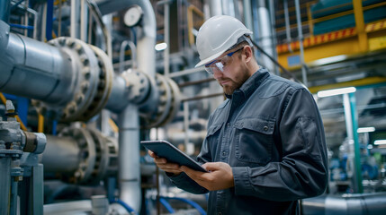 Fototapeta premium Engineer using a tablet in an Industrial Facility. Industrial plant with machinery in the background