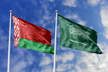 3d illustration. Belarus and Saudi Arabia Flag waving in sky. High detailed waving flag. 3D render. Waving in sky. Flags fluttered in the cloudy sky.