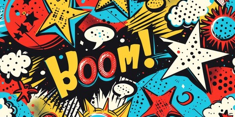 A pattern inspired by 90s pop art, featuring comic book-style graphics