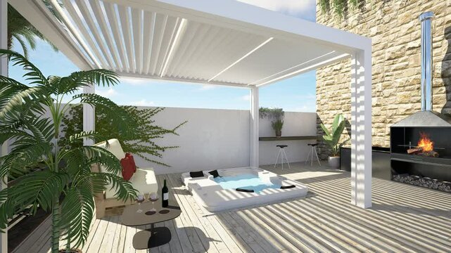 3D illustration of modern urban patio with white bioclimatic pergola. Barbecue and white pallet couch next to hot whirlpool tub. Side zoom out shot.