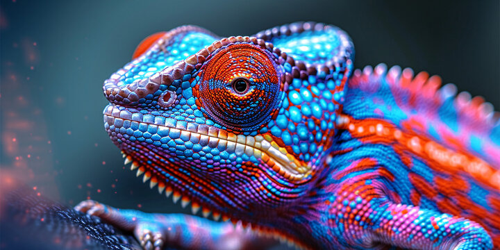 Close-up of a chameleon with iridescent scales, high-resolution, high-definition (HD), ultra high-definition (UHD), professional-grade