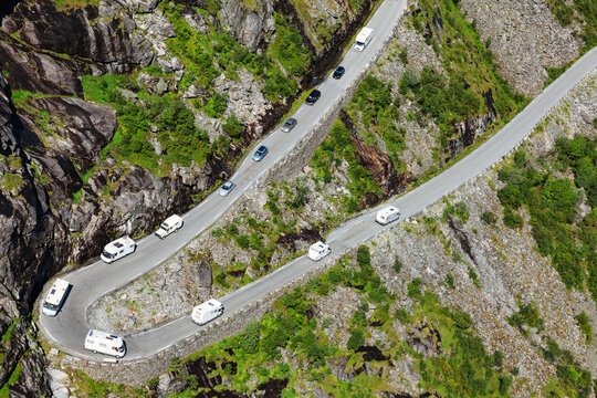 Traffic on Trollstigen serpentine road in Norway