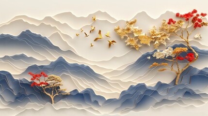 Elegant paper-cut artwork featuring mountains, trees with red and golden leaves, and a flock of birds in the sky.