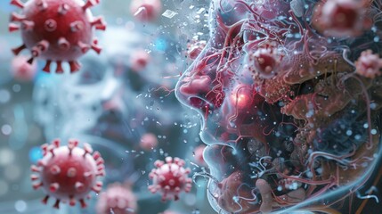 A vibrant 3D render portraying a human face with dynamic, explosive viral infection elements highlighted in red and blue tones.