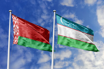 3d illustration. Belarus and Uzbekistan Flag waving in sky. High detailed waving flag. 3D render. Waving in sky. Flags fluttered in the cloudy sky.