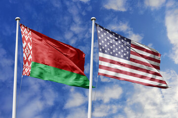 3d illustration. Belarus and United States Flag waving in sky. High detailed waving flag. 3D render. Waving in sky. Flags fluttered in the cloudy sky.