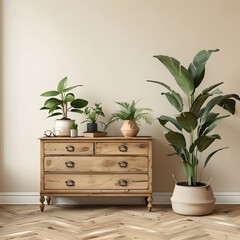 Wooden chest of drawers and houseplants near beige wall in modern of living room isolated on white background, pop-art, png

