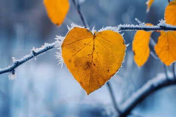 yellow autumn leaves in the shape of a heart on a frozen branch on a winter background Valentine's Day 