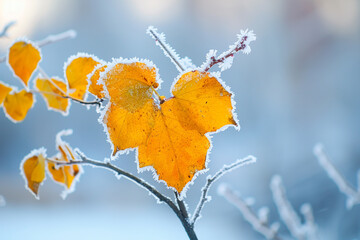 yellow autumn leaves in the shape of a heart on a frozen branch on a winter background Valentine's Day 