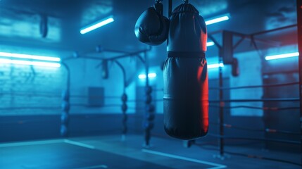 Moody gym interior with punching bags hanging in blue neon light, perfect for depicting intense workout environments.