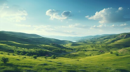 Obraz premium A photo of a picturesque rural landscape with rolling hill