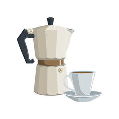Mocha pot with a coffee cup. Cartoon vector illustration. Isolated on white background. Coffee Pot Italian espresso machine