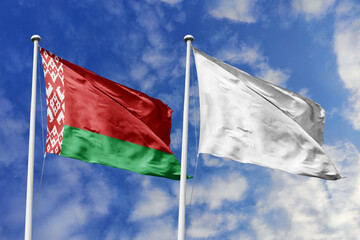 3d illustration. Belarus and White (Null) Flag waving in sky. High detailed waving flag. 3D render. Waving in sky. Flags fluttered in the cloudy sky.