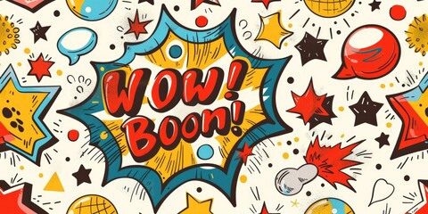 A pattern inspired by 90s pop art, featuring comic book-style graphics