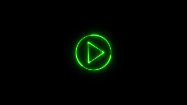 Glowing neon line green color play button icon animation. Neon play button. Press to play. Start button animation.