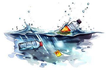 Water pollution, accumulation of plastic waste and death of aquatic life due to contamination, watercolor illustration. Sea, river, ocean with garbage - plastic bottles, wastes floating in water